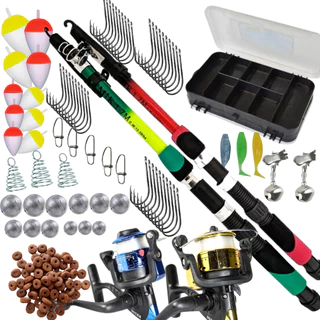 KIT PESCA PESQUEIRO COMPLETO 2 VARAS 2 MOLINETES ESTOJO COM ANZOL BOIA CHUMBADA ISCA MOLA E SINO