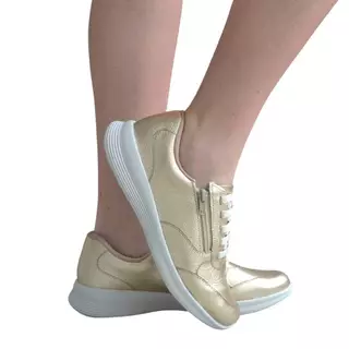 Tênis Feminino Usaflex uc06007 couro dourado zíper elástico em Oferta na Shopee