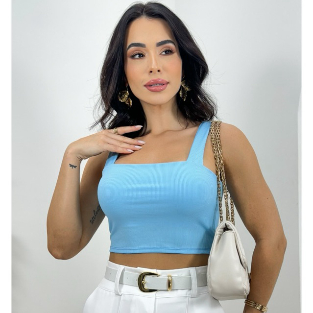 Blusa Cropped Feminina Canelada Top Faixa Alça Malha Curta Camisa
