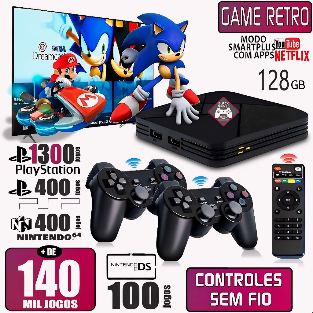 Video Game Elite 140 Mil jogos 128GB + 2 controles Sem Fio 2024 Envio Imediato!