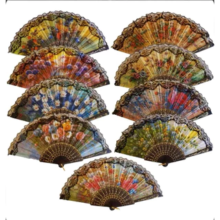 12 Leque de mão chinês com Flores em Oferta na Shopee