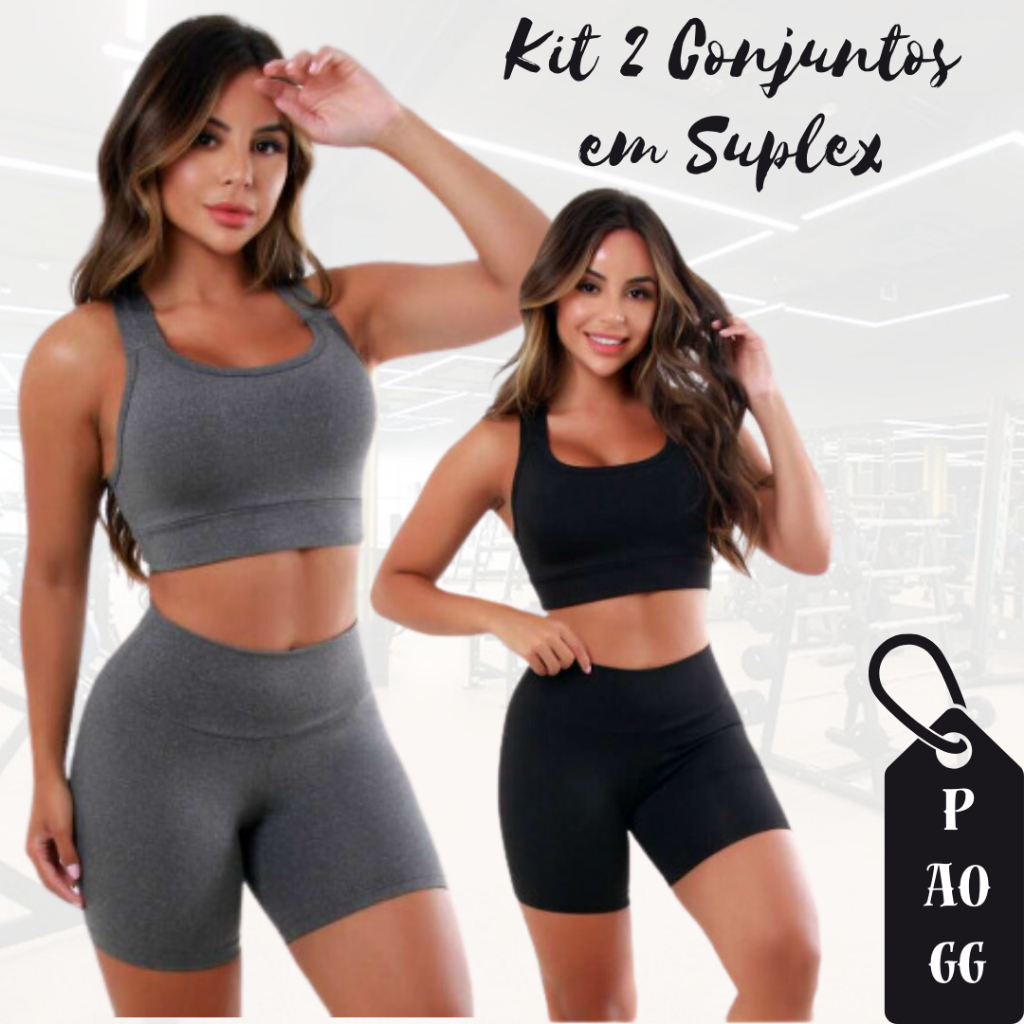 Kit 2 Conjuntos de Academia Top + Shorts Legging Feminino Fitness Em ...