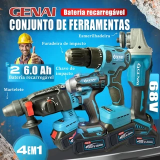 Ferramentas Multifunções 4 Em 1 Com 2 Baterias 68v Martelete Parafusadeira Chave Pneumatica Esmerilhadeira
