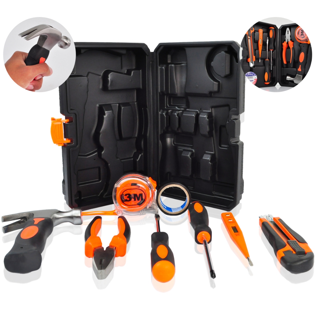 Kit Ferramentas 9 Peças Chaves de Fenda Alicate Fita Métrica 3M Martelo Caixa de Armazenamento