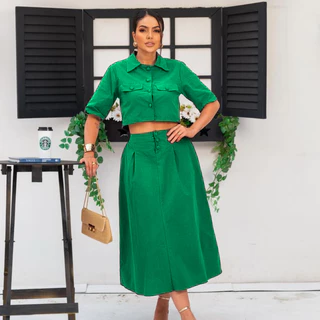 Conjunto Saia Midi Rodada Longa e Blusa Linho com Botões Moda evangélica