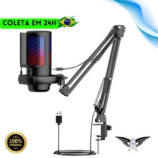 Microfone Gamer Profissional USB com LED RGB Cardioide com Entrada P3 para Fone e Suporte Articulado