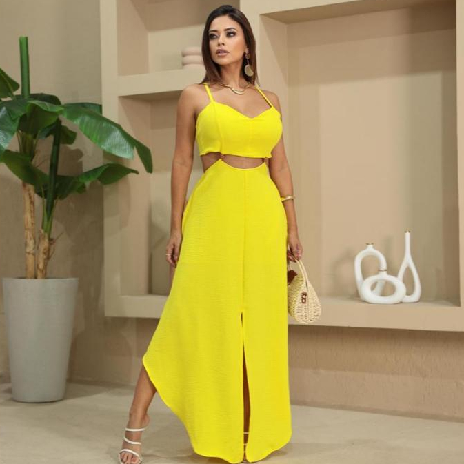Vestido Midi Longo Verão com Fenda, Decote e Alças Tecido Duna Cor