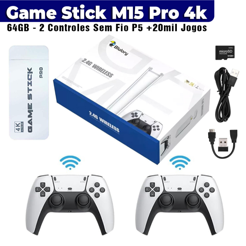 Novo Game Stick M15 Pro 4k 64gb Com 2 Controles Sem Fio P5 +20mil Jogos - Envio Imediato