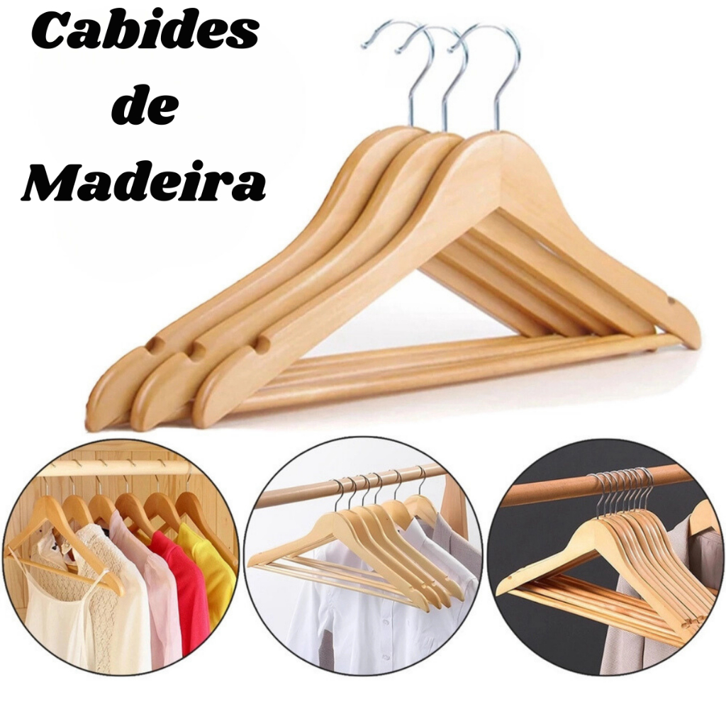 Cabide Roupa De Madeira Marfim com Verniz Kit com 3 ou 6 Unidades Loja ...