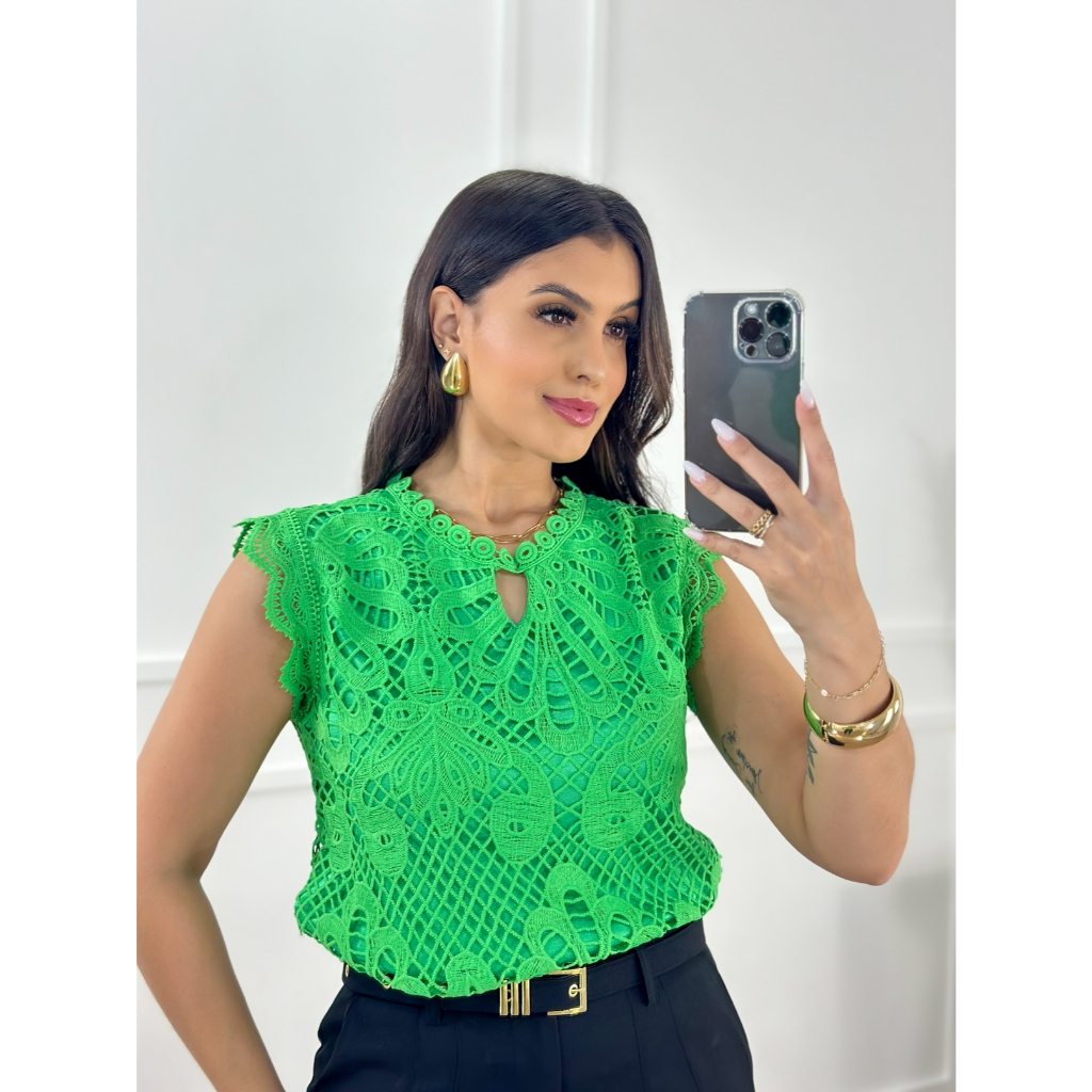 Blusa Feminina De Renda Guipir Manga Curta Social Princesa | Shopee Brasil