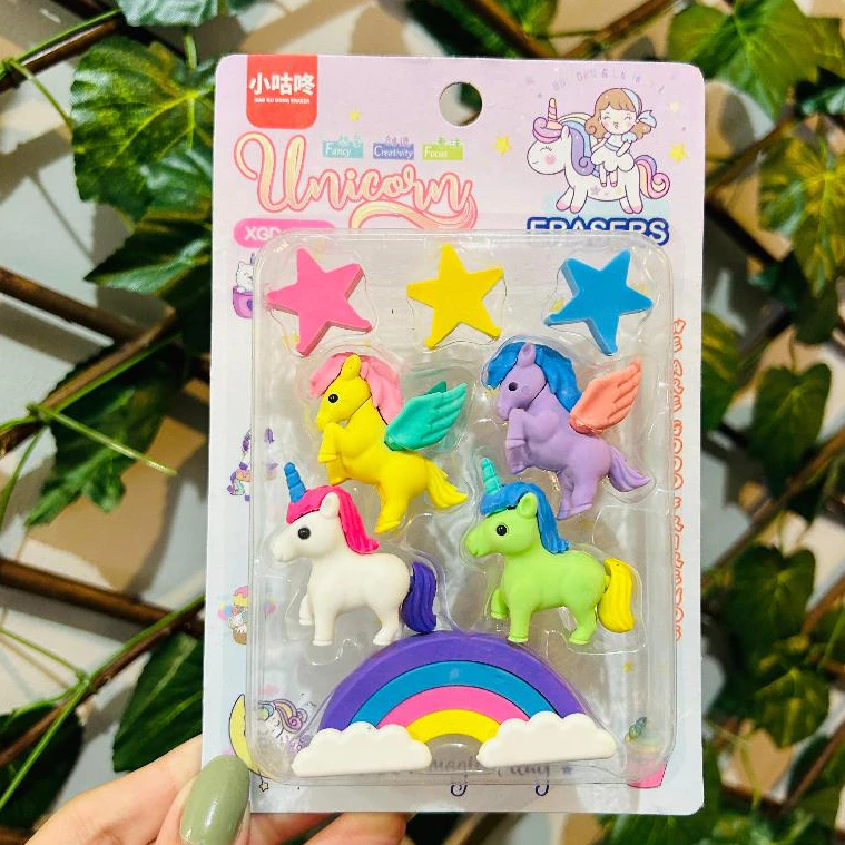 Kit 8 Borrachas Unicórnio Desenho Animado Escola Kawaii Papelaria Fofa Volta as Aulas Infantil