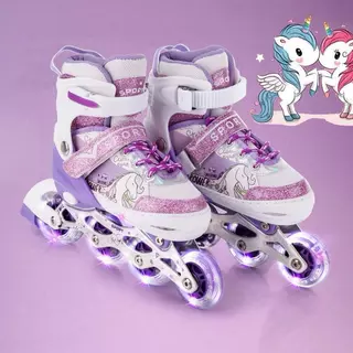 Patins Infantil Roller Inline Roxo Unicornio Ajustável Com Luz De Led Criança Promoção Menor Preço