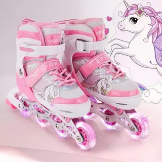 Patins Infantil Roller Inline Rosa Unicornio Ajustável Com Luz De Led Criança Promoção Menor Preço