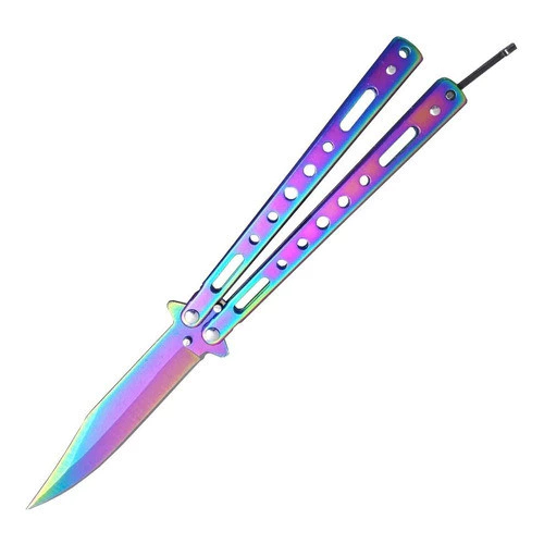 Canivete Tático Borboleta Butterfly Karambit Rainbow em Aço Inox Rebatível com Clip Tauê hz-0899