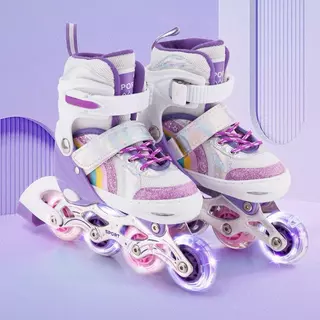 Patins Infantil Roller Inline Roxo Arco iris Ajustável Com Luz De Led Criança Promoção Menor Preço
