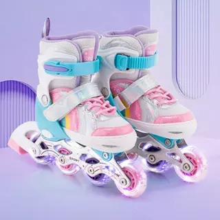 Patins Infantil Roller Inline Rosa Arco iris Ajustável Com Luz De Led Criança Promoção Menor Preço