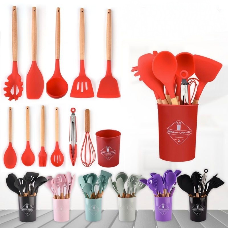 Kit 12 Peças Utensílios Cozinha Em Silicone Maciço E Cabos De Madeira Colheres Espátula