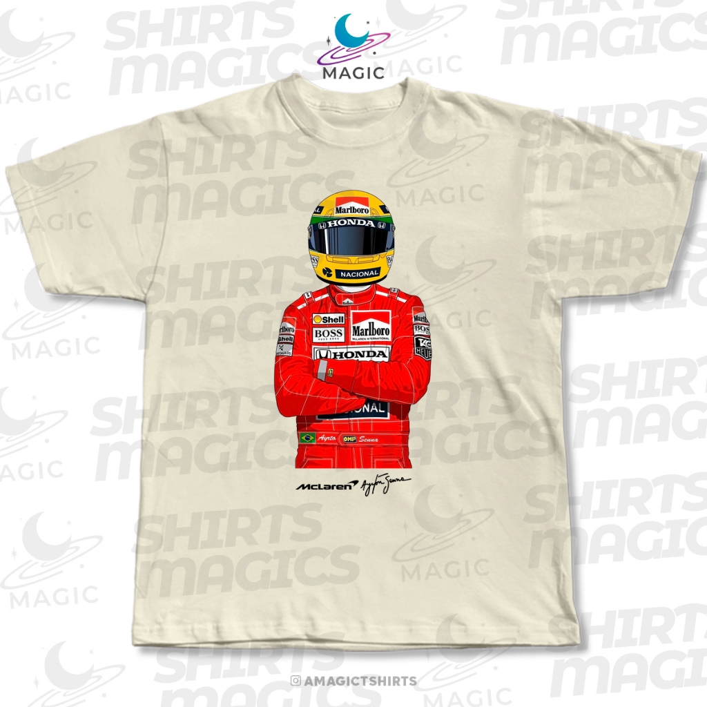 Camiseta Fórmula 1 Patch Lenda McLaren + Assinatura magic car 100% Algodão