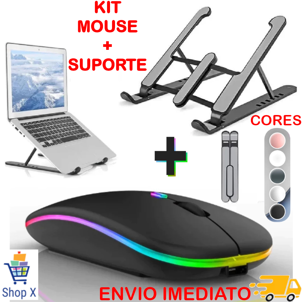 Kit Mouse Sem Fio Recarregável mais Suporte Notebook Tablet Regulável Home Office