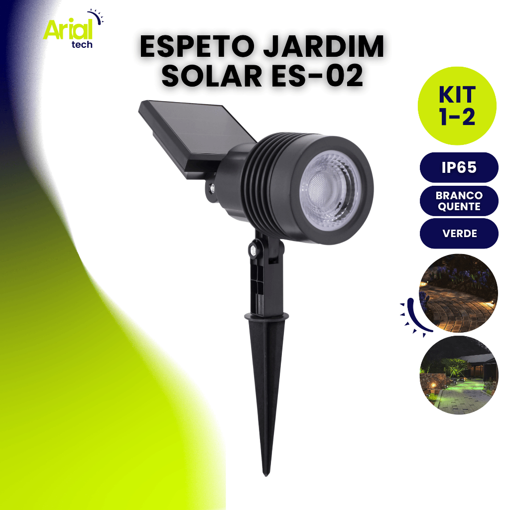 Kit Luminária Espeto Jardim Super Led Energia Solar 12w Spot IP65 Es02 Cor de Luz Quente|verde