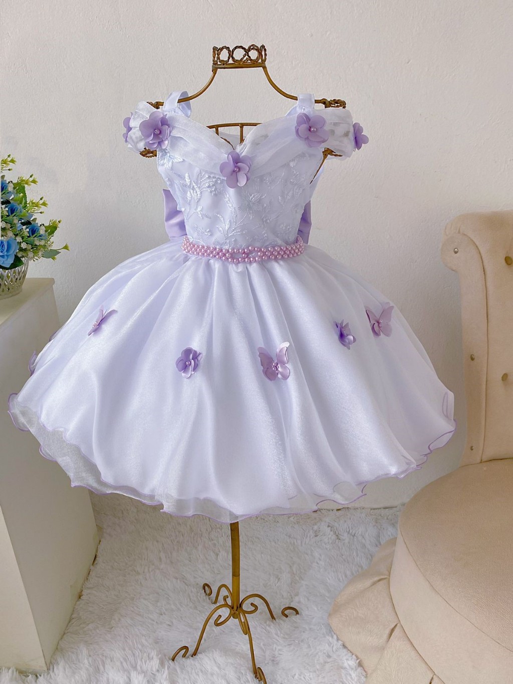 Vestido Feminino Vestido De Dama De Honra De CrianÃ§a Vestido Infantil  Branco Com Lilás, image size:1024x1365