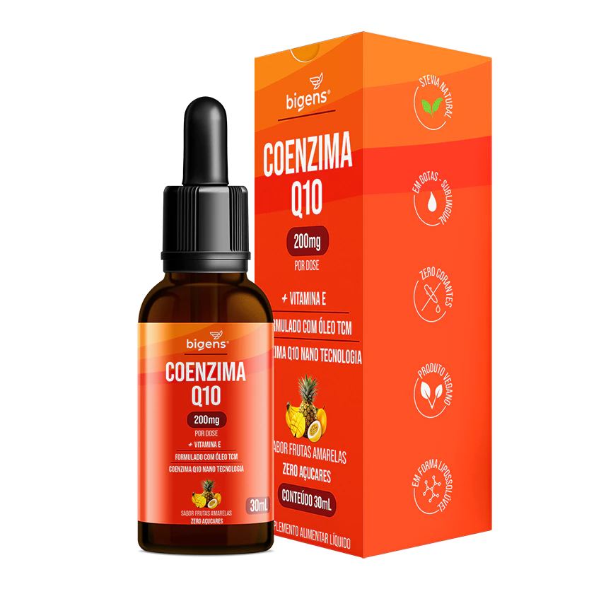 Coenzima Q10 200mg Em Gotas Formulada Em Óleo Tcm + Vitamina E, Sabor Frutas Amarelas | Bigens