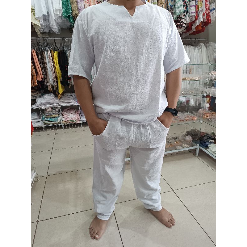 Conjunto branco de ração umbanda e candomblé tecido grosso algodão pé de galinha calça com bolso bata gola v