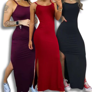 Vestido longo de alça sem bojo malha canelada balada Moda Gestante CAMILA