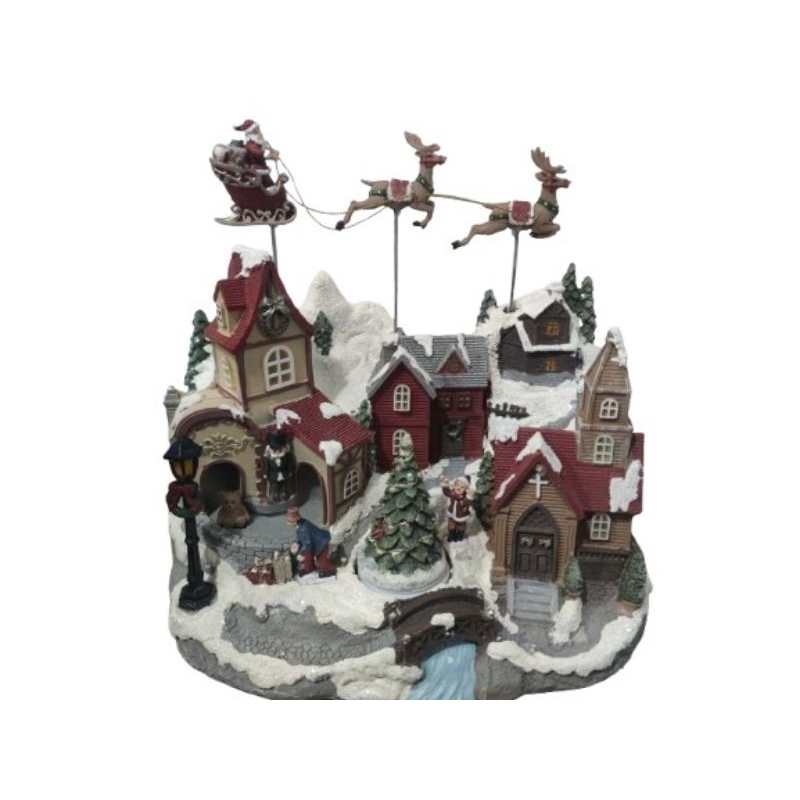 Cenário Natalino Vila com Trenó em Movimento e Árvore Giratória 27cm