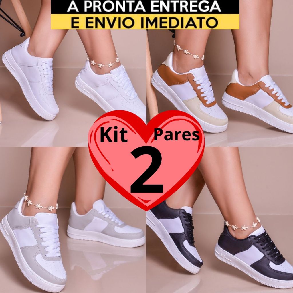 Kit 2 Pares Tênis Feminino Caramelo Branco Casual Confortável Leve Solado Macio