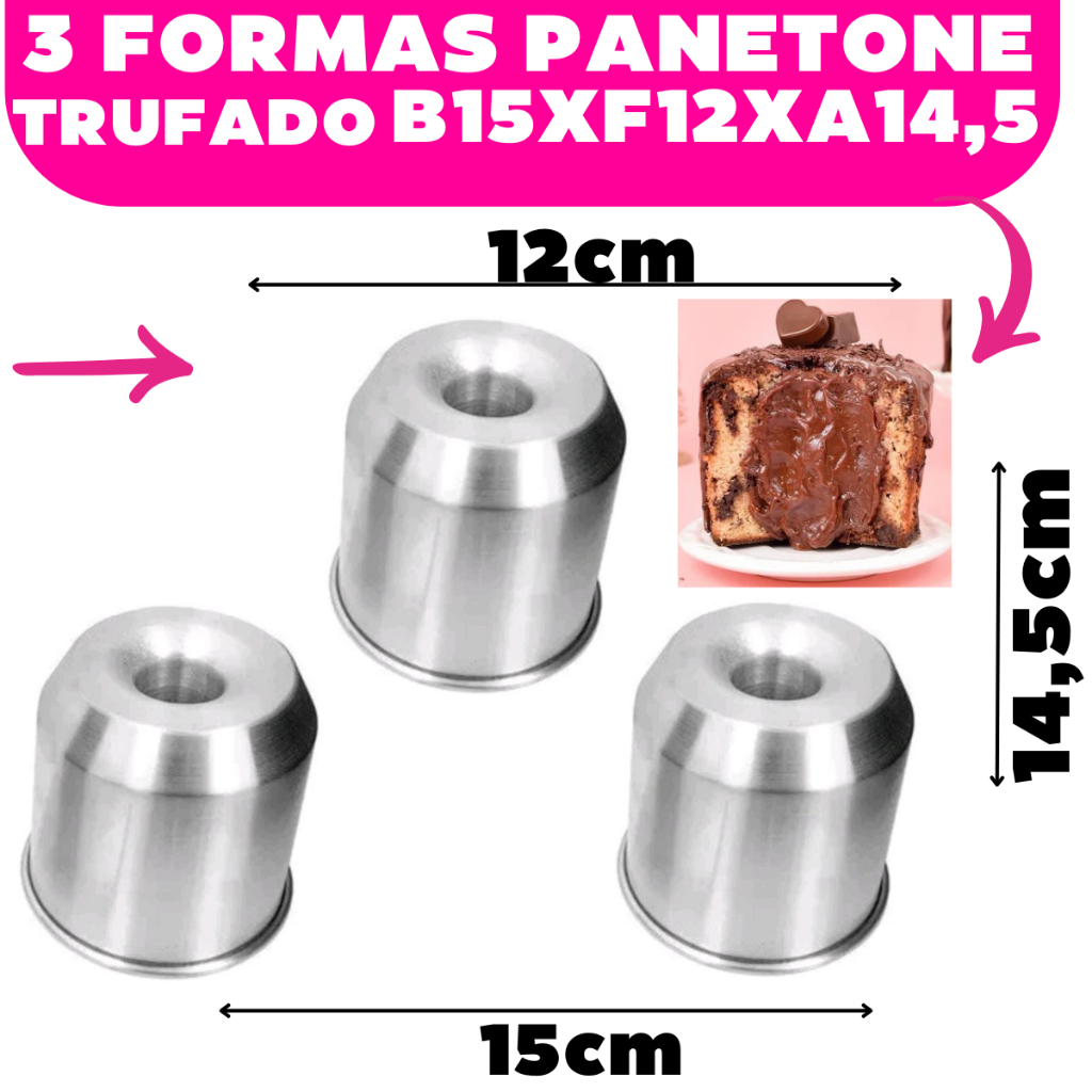Kit 3 Formas Panetone Vulcao em Aluminio ( Boca 15 CM - Fund