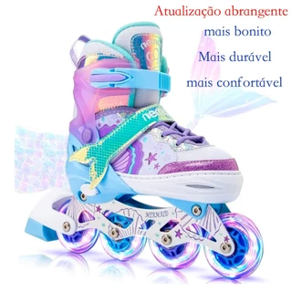 Patins Infantil Roller Inline 4 Rodas Roxo Sereia Ajustável Com Luz Led Criança Promoção Menor Preço