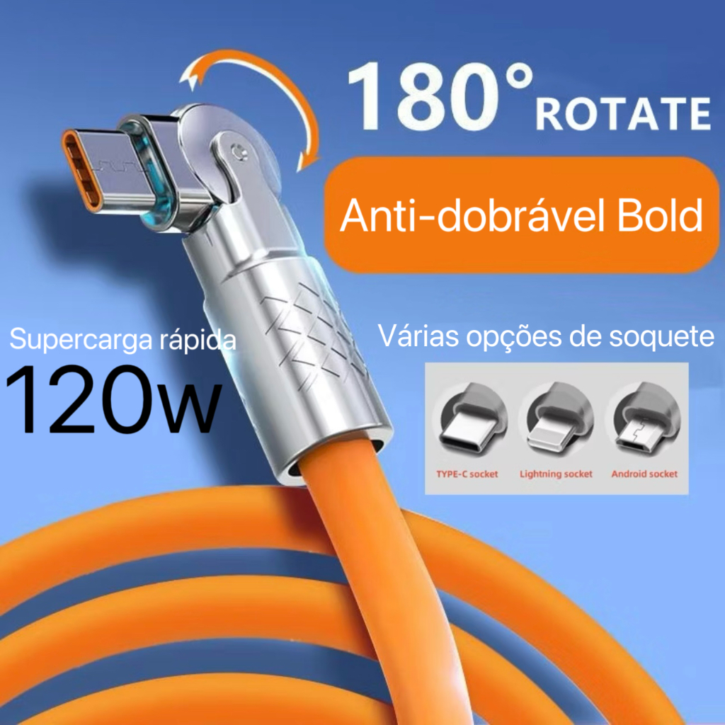 1.5m 120W Cabo de Carregamento de 180 Graus Tipo C Zinco Liga Super Rápido Android iphone Luminoso