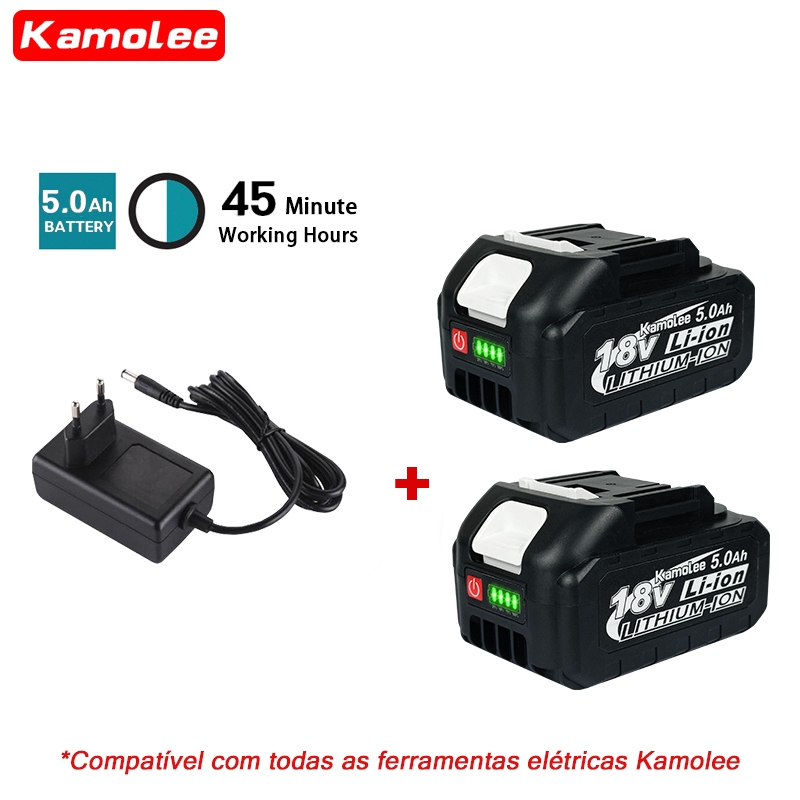 Kamolee 18V 5.0A Bateria De Lítio Para Ferramenta Elétrica (2 Baterias + Carregador)