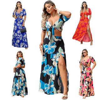 Conjunto Saia Longa é Cropped Amarração Manguinha Bufante Estampado Muito Elegante (verão tendência)