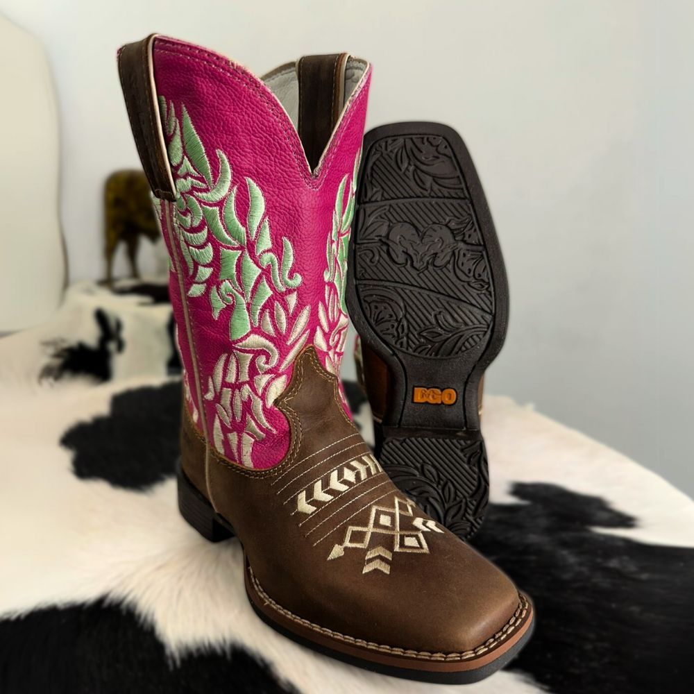 Bota Feminina Durango Texana Couro Marrom Cano Médio Rosa Pink Bordado ...
