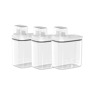 Kit com 3 Dispensers Flow 1,5L Transparente para Lavanderia – Porta Sabão, Amaciante e Alvejante com Copo Medidor