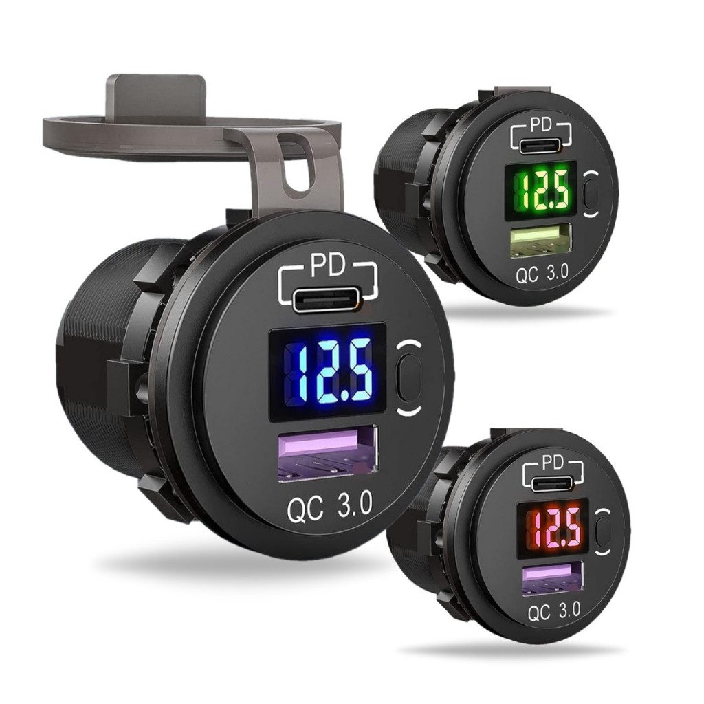 Tomada Carregador Veicular de Embutir USB + USB-C com Voltímetro QC 3.0- 12V- 6824