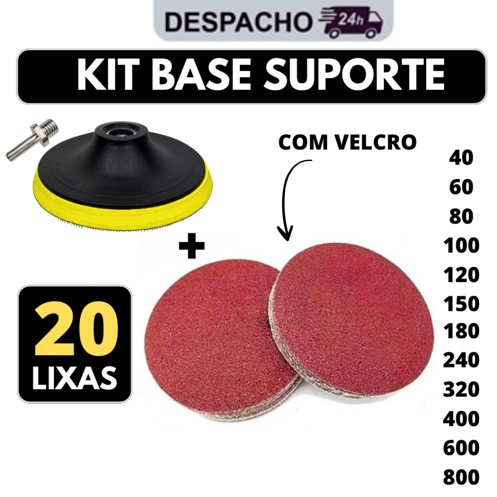 Kit Base Suporte 125mm com Adaptador M14 + 20 Lixas Sem Furos Com Velcro 5" Furadeira Esmerilhadeira