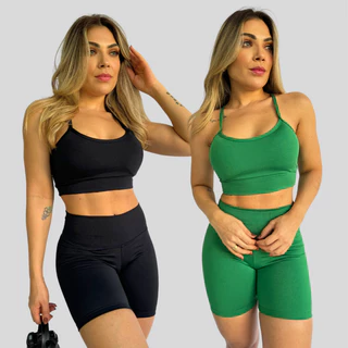 Kit 2 Conjuntos Alcinha Top e Short Suplex Costas Nadadora Fitness Academia Treino