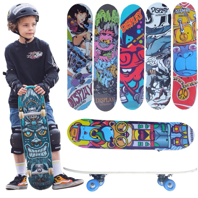 Skate Infantil Semi Profissional Shape Lixa Estampado Suporta até 50kg Menino e Menina madeira Varias Estampas 60x15