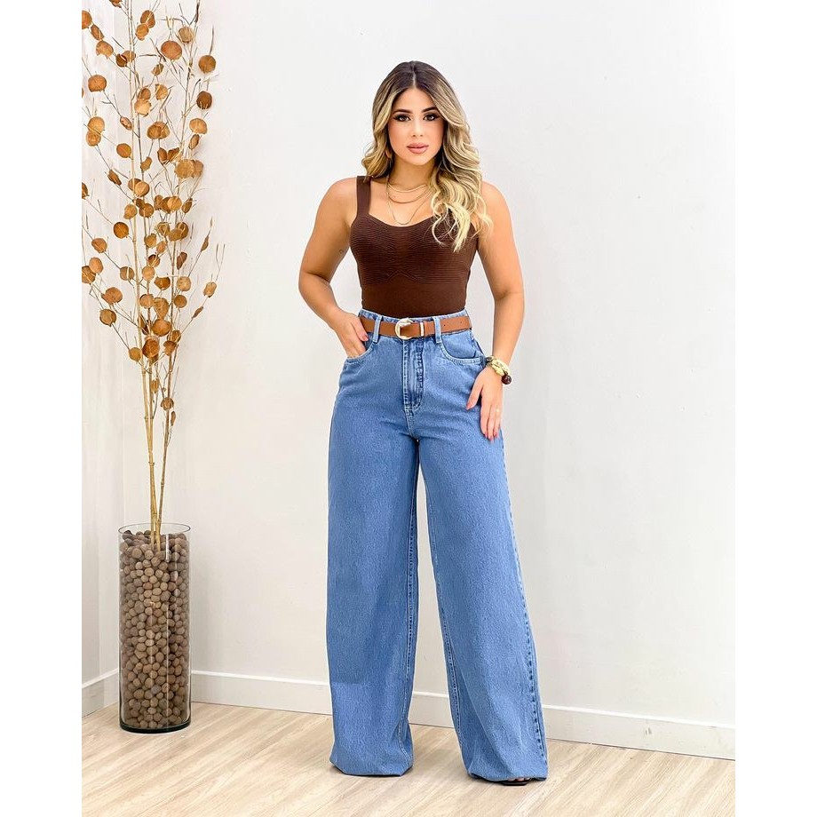 Calça Jeans Feminina Wide Leg pantalona | Shopee Brasil