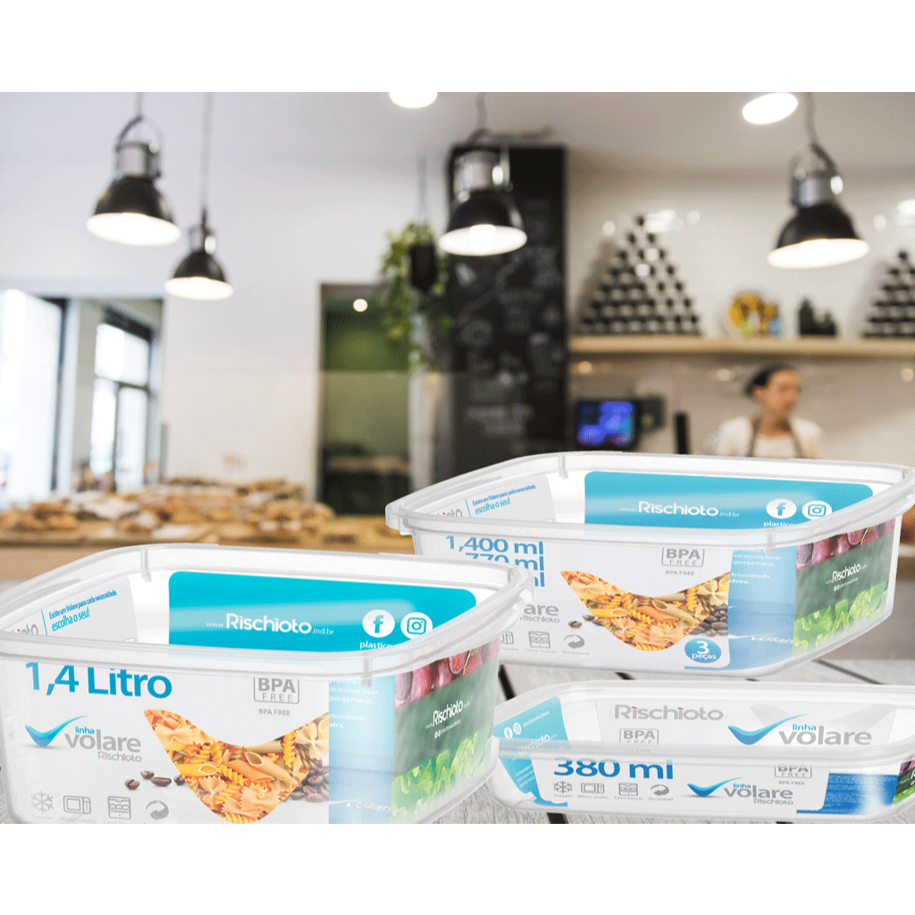 Kit Pote Retangular Transparente Volare Kit 3 un. P.M.G 380/770/1.400 ML