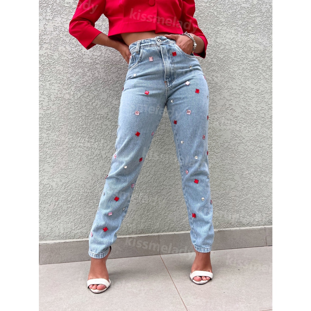 kissmelady 8315 Calça Jeans Feminina Mom Calca sem rascada com