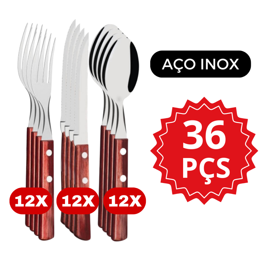 Jogo de Talher Cabo de Madeira 36 peças Aço Inox 12 Facas 12 Garfos e 12 Colheres de Mesa Bambu