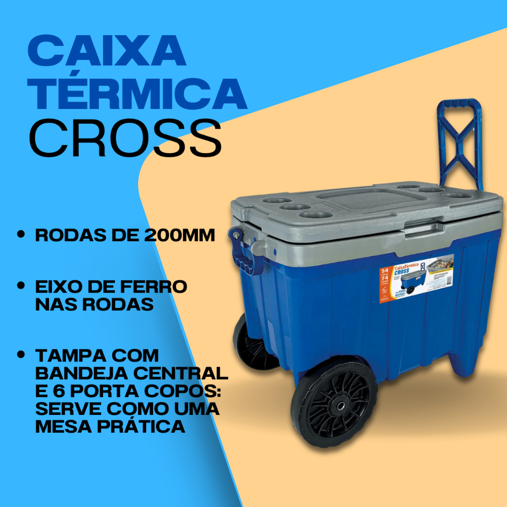 Cooler Térmico Grande 54L Caixa Térmica Com Rodas CROSS Alça Trava