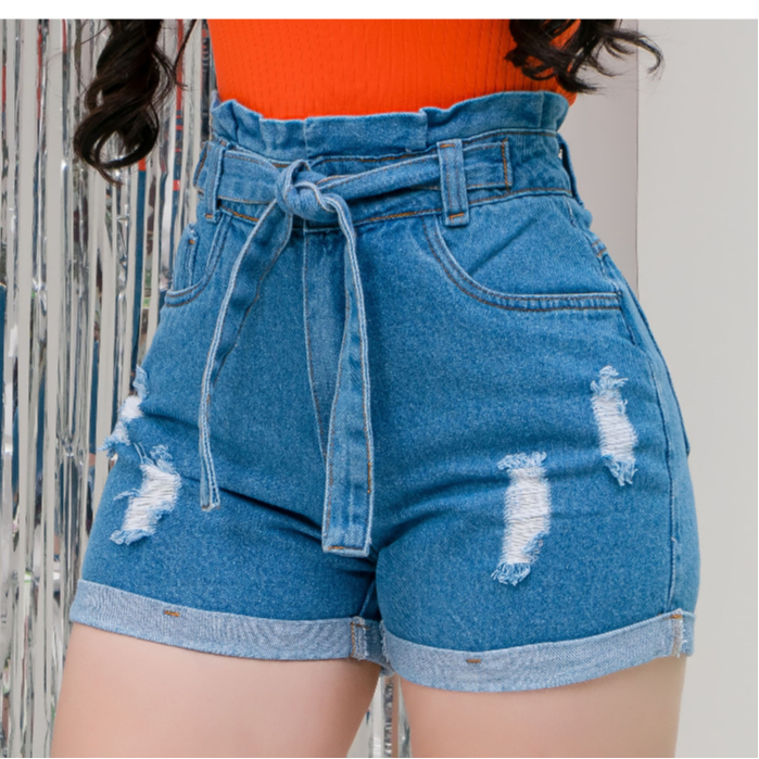 Short Jeans Bermuda Feminino Luxo Cintura Alta Destroyed