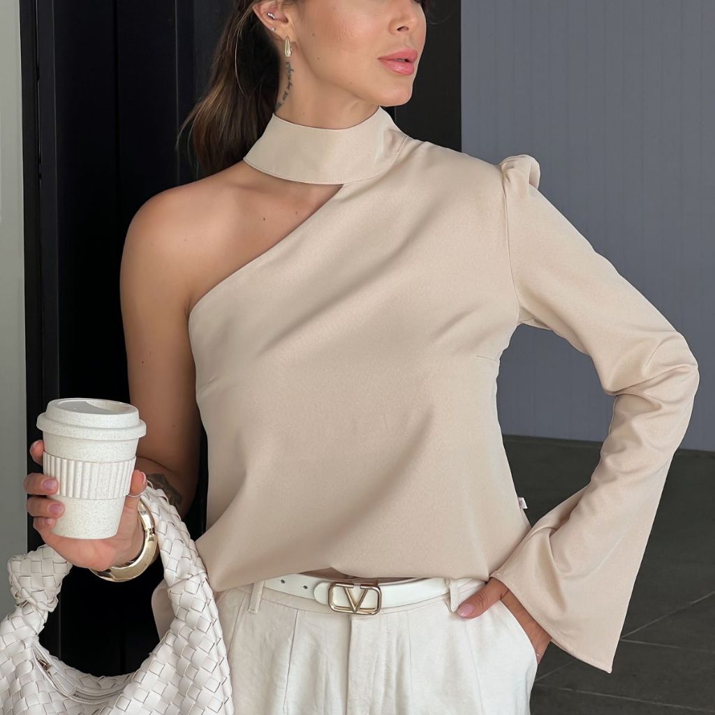 Blusa Feminina Mula Manca Gola Alta Elegante Um Ombro Tendência Moda ...