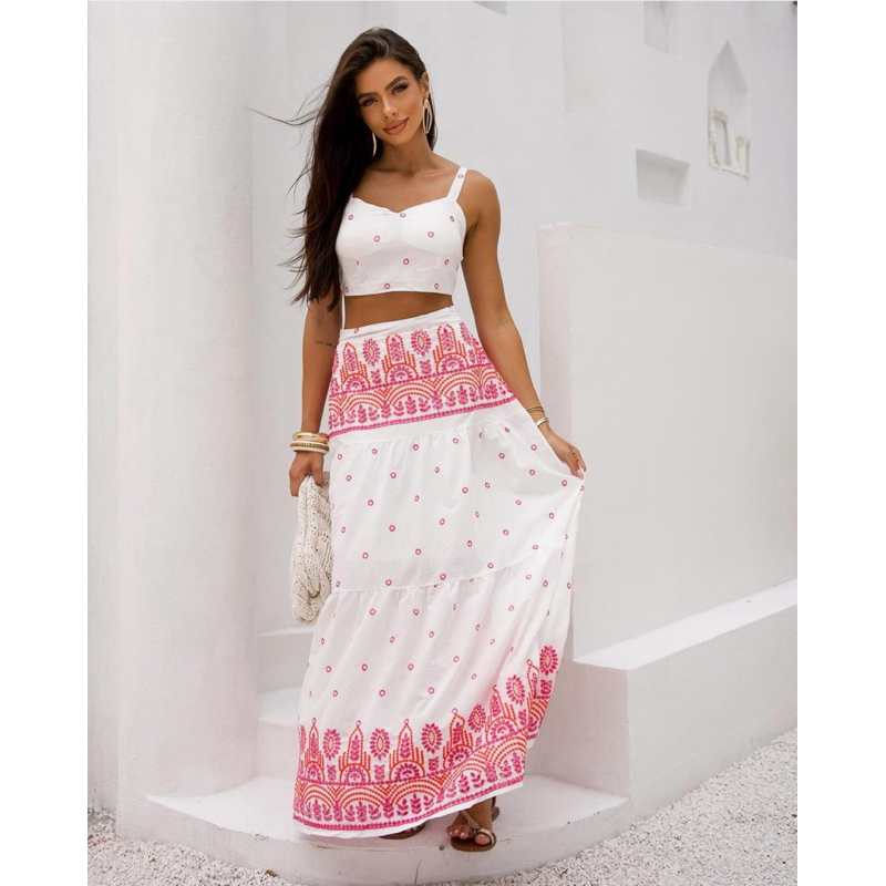 conjunto Top e saia longa com bordado | Shopee Brasil