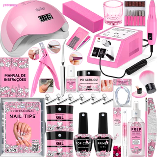 Kit Manicure Unhas de Gel Lixadeira Elétrica Cabine Sun Lixas Tips Copo Dappen Fibra Prep Moldes